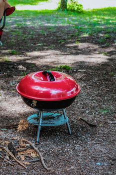 Summer grilling food, sausage, vegetables and kebab meat on barbecue grill over smoke and hot charcoal