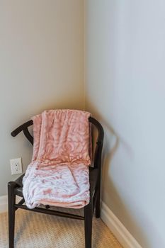 Giant Pink Plaid Blanket Woolen Knitted on White Stool Chair Home Scandinavian Style