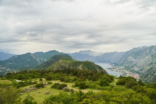 Aerial view of Kotor and Koto-Botor bay. High quality photo