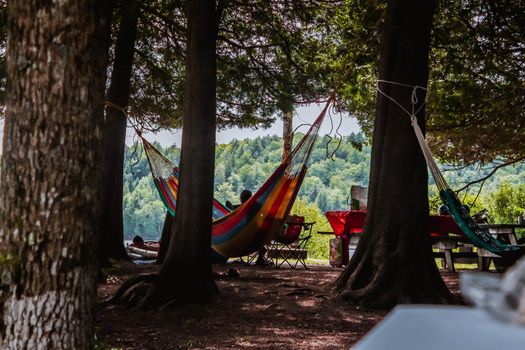 Camping in the forest with hammock and campfire. Outside next to the lake