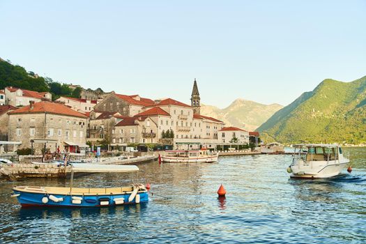 Historic city of Perast in the Bay of Kotor in summer at sunset. High quality photo