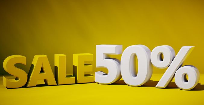 3D rendering of text fifty percent sale. Banner for the sale and advertising of goods at a discount.