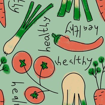 Hand drawn seamless pattern with vegetables veggies vegan vegetarian design. Tomato potato carrot cabbage leek onion bell papper fabric print. Retro vintage kitchen textile background, healthy food concept