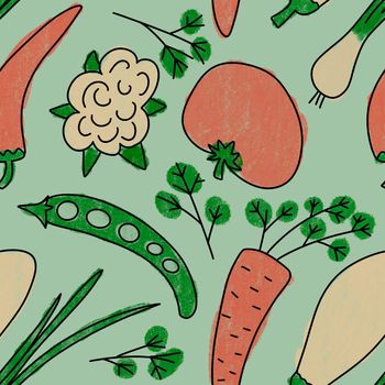 Hand drawn seamless pattern with vegetables veggies vegan vegetarian design. Tomato potato carrot cabbage leek onion bell papper fabric print. Retro vintage kitchen textile background, healthy food concept