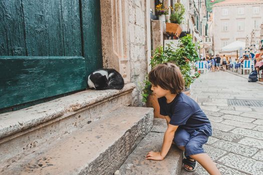 Boy looking at the sleeping stray cat on the streets of the old town of Dubrovnik