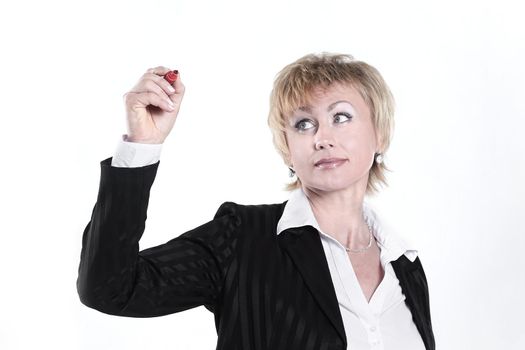 modern business woman pointing at a virtual point.isolated on white