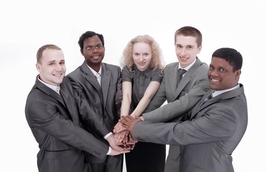 Business team showing union with their hands together forming a pile.photo with copy space
