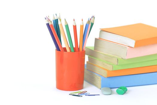 magnifier, paper clip and school supplies on white background .photo with copy space.