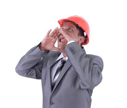 handsome engineer architect shouting.isolated on white