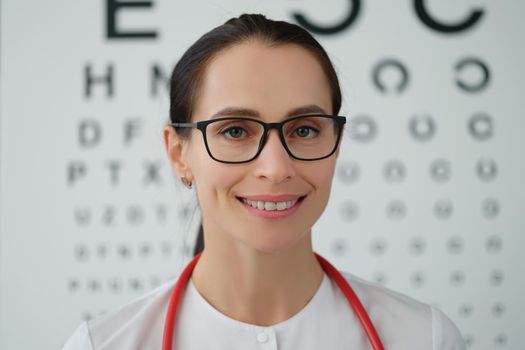 Young woman optometrist smiling, close-up. Eyesight examination, ophthalmologist. Optic consultation