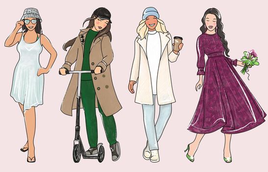 A set of girls in fashionable images. Illustration in the style of a sketch by hand. Colored.