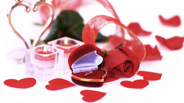 rose and a box with rings. Valentine's day