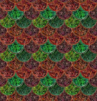Seamless pattern. Red and green ceramic tiles. Picturesque texture. Fish scale pattern.