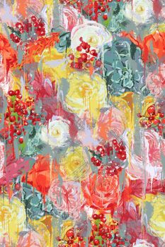Seamless pattern. Rose flowers in bright multi-colored tons. In the style of modern abstract painting on canvas.