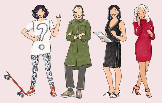 A set of girls in fashionable images. Illustration in the style of a sketch by hand. Colored.