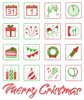 A set of hand-drawn icons for the Christmas and New Year holiday. Green and red signs, illustration.