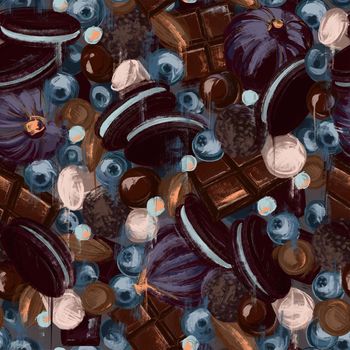 Seamless pattern. Sweets chocolate and figs on a dark brown background. Sweets and cookies in the style of modern painting on canvas. For fabric and wallpaper.