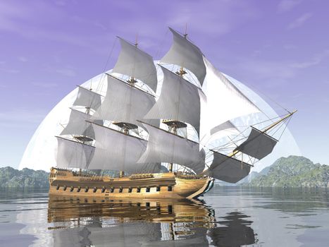 Beautiful detailed old merchant ship by blue sunset - 3D render