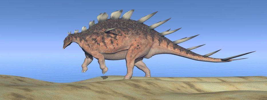 Kentrosaurus dinosaur walking in the desert by day - 3D render