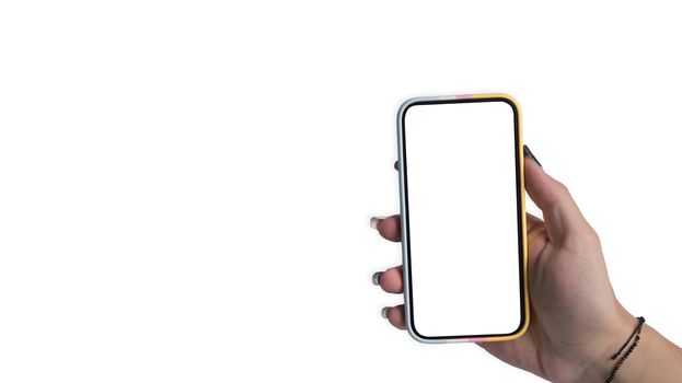 Mockup image of woman hand holding smart phone with empty screen isolated on white background.