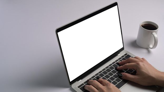 Close up view young stylish woman hand typing on laptop computer.