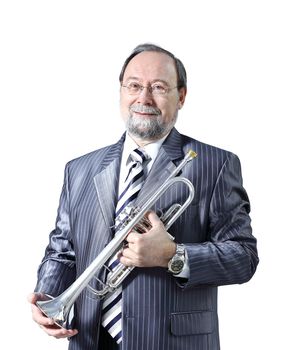 Portrait of a man in a gray suit with a trumpet