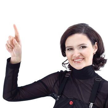 young business woman pointing at copy space.