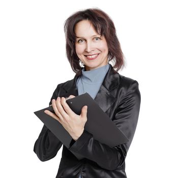 modern business woman with documents .isolated on white background