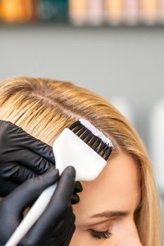 Hands of hairdresser dyeing hair of woman with brush at beauty salon.