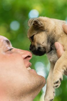 Happy young man looking at little cute puppy touching his nose outdoors