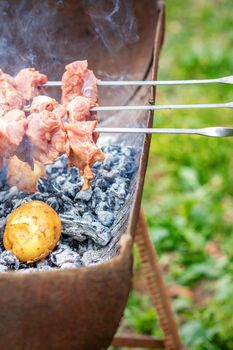 Hands of man prepares barbecue meat with potatoes on skewer by grill on fire outdoors. Concept of lifestyle rustic food preparation