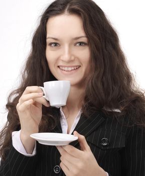 closeup.successful business woman with a Cup of coffee.isolated on white.photo with copy space