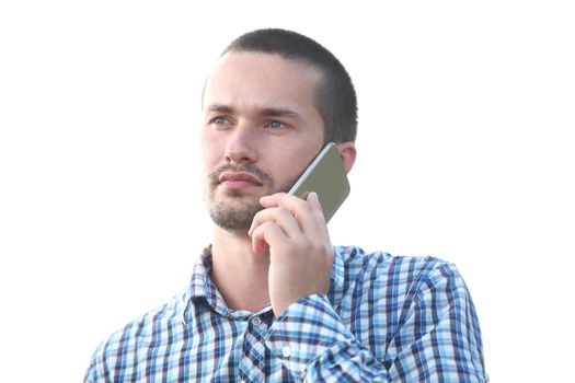 close up. young man talking on mobile phone. people and technology