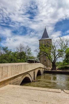 Court Tower of Justice and Sultan Suleyman bridge in Edirne city of Turkey.Freedom tower to kirkpinar using old stone bridge