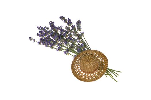 bouquet purple lavender and little hat, isolated on white background