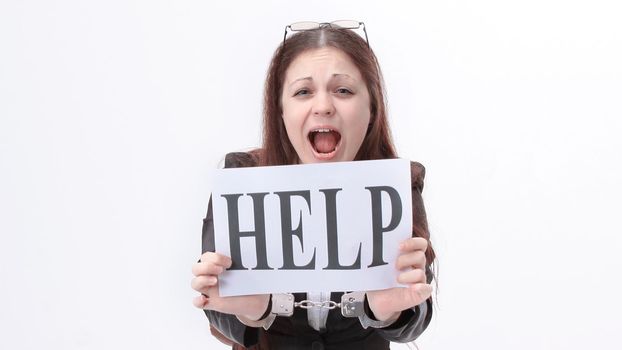 young business woman asks for help,sitting behind a Desk.isolated on white.
