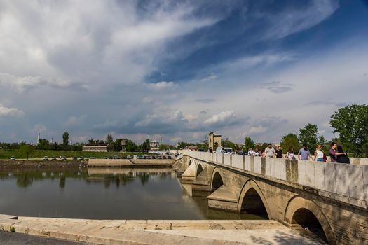 May 1, 2015 in Edirne, Turkey, Beautiful landscape of Bridge above Tundzha River and the city