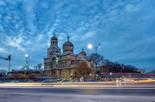 Scenic view at the Cathedral of the Assumption in Varna. illuminated at night.one of the landmarks of Varna, Bulgaria.