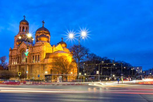 At night the Cathedral of the Assumption in Varna. illuminated at night.one of the landmarks of Varna, Bulgaria.