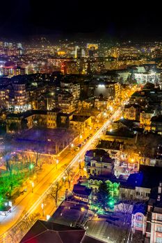 Beauty illuminated at night, a street in Varna, Bulgaria. Top view