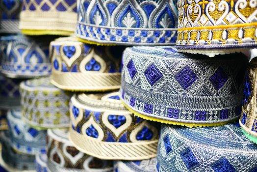 collection of skull caps for muslim men.