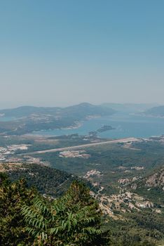 Beautiful nature mountains landscape. Kotor bay, Montenegro. Views of the Boka Bay, with the cities of Kotor and Tivat with the top of the mountain, Montenegro.