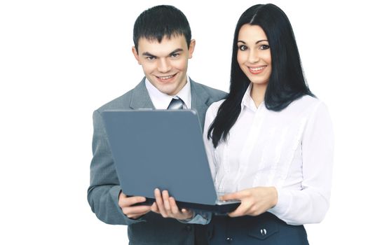 members of the business team with an open laptop on a white background.photo has a empty space for your text