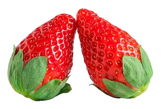 Two strawberries close up isolated on white background