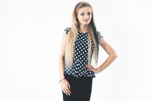 portrait of a young woman - administrator in a stylish suit on a white background. the photo has a empty space for your text