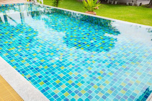 The Macro from Swimming pool with clear blue water in a garden area, surrounded by plants