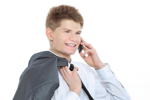 closeup.Manager talking on his mobile phone.isolated on white