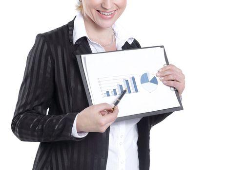 closeup.business woman showing graph on financial.isolated on white.