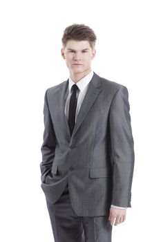 Half-length portrait of business man with crossed hands, isolated. Concept of leadership and success