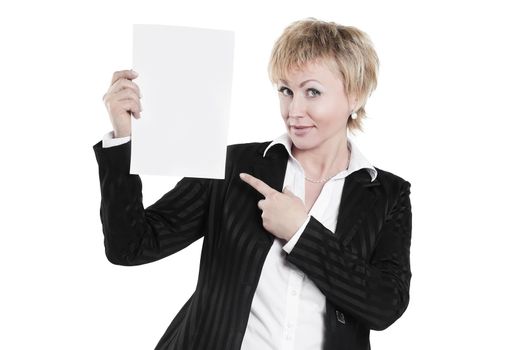 closeup. smiling business woman showing blank sheet.business concept